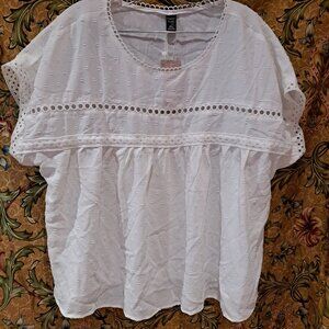 White boho hippie lace cut out design short sleeve women's top